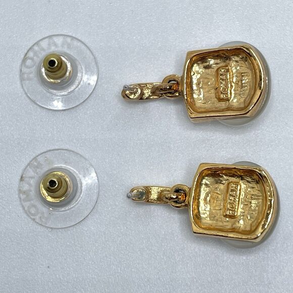 Stunning Roman White Cat Eye Gold Tone Drop Dangle Earrings Boho Rhinestone - Picture 5 of 6